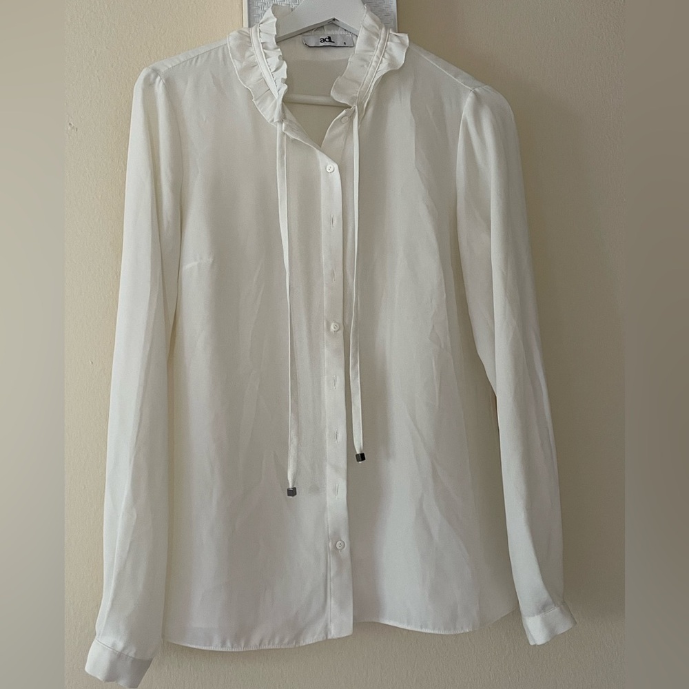 White Long Sleeve Button Down Blouse with Tie Front